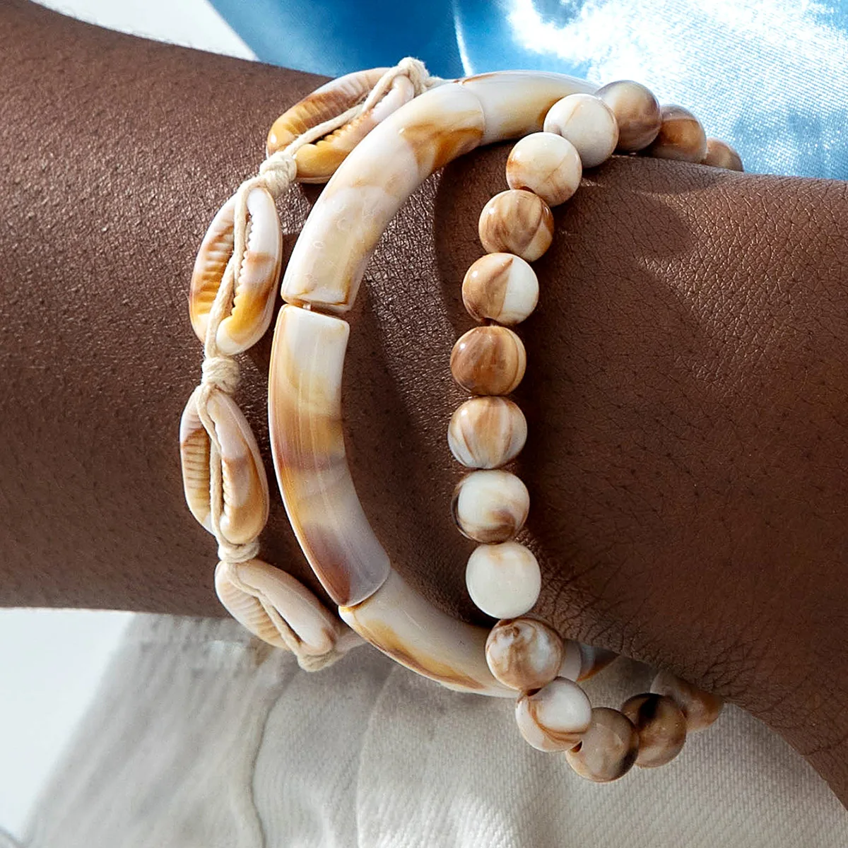 Tocona Bohemian Style Acrylic Dyed Bead Bracelet Set with Imitation Shell Jewelry Suitable for Women's Dance Parties Gift