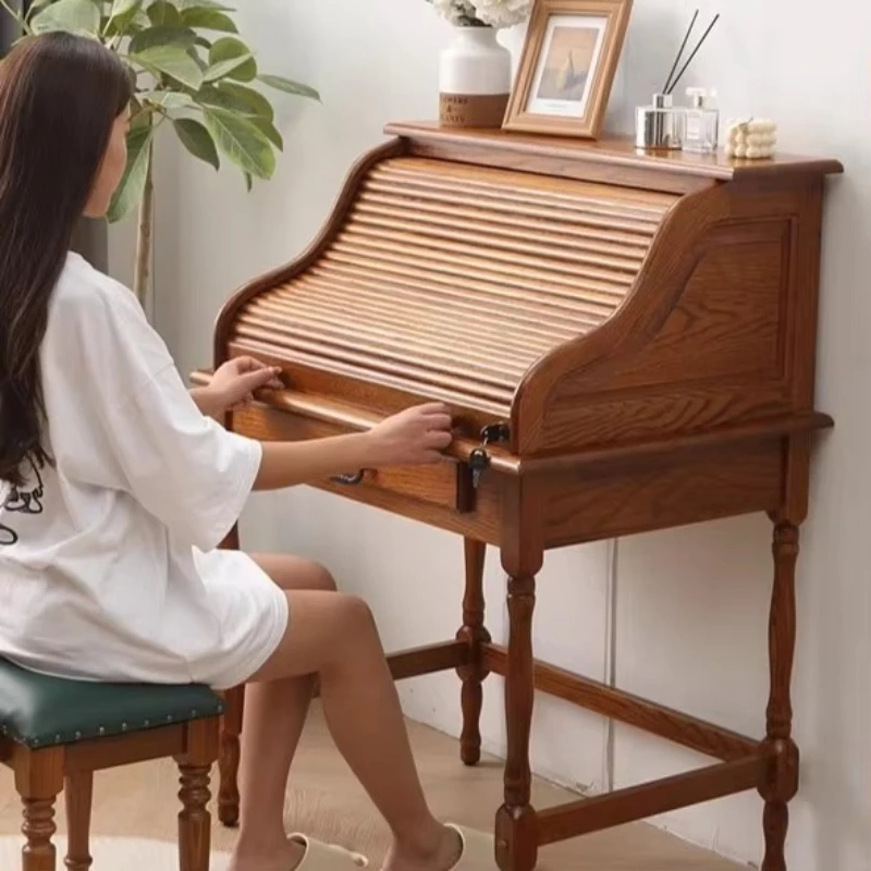Vintage clamshell solid wood oak piano dresser, mini dresser with integrated mirror