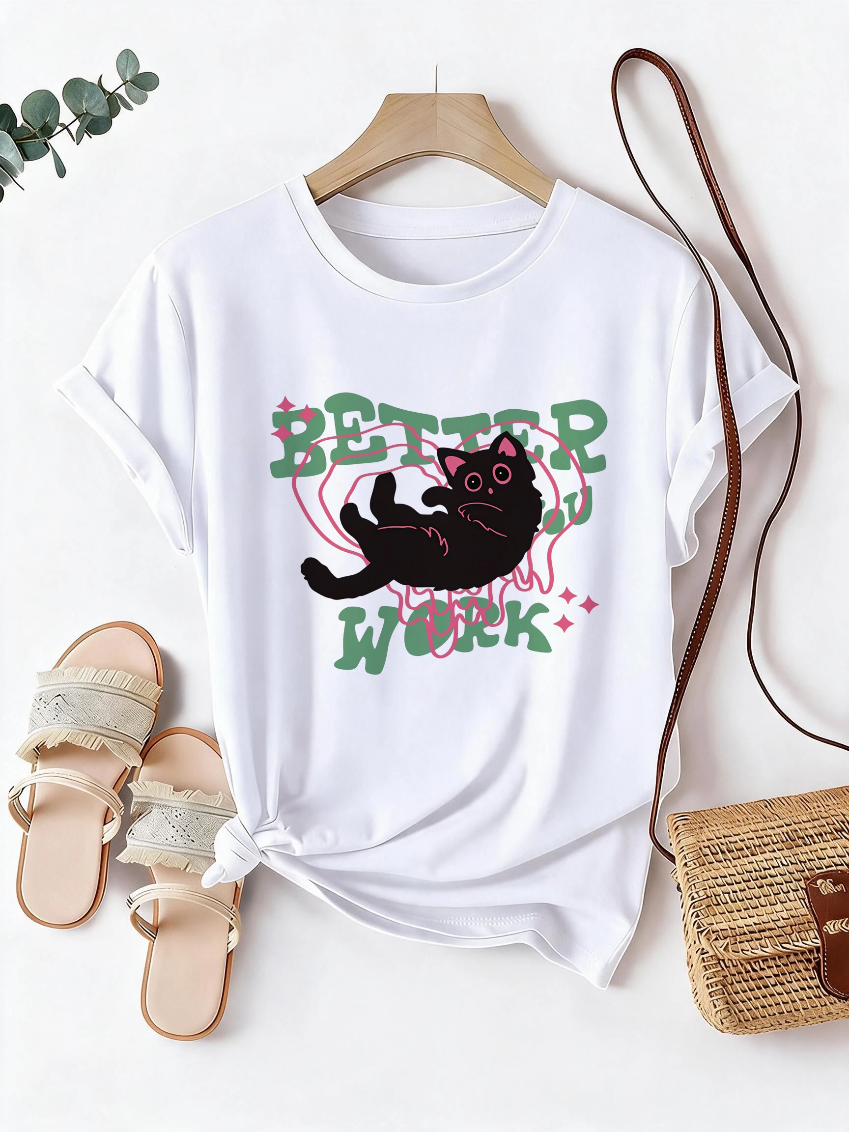 Women's Graphic Crew Neck Tee Tops Funny Cat and letter better work Print Short Sleeve T Shirt 90s Y2k T-shirt Female Clothes