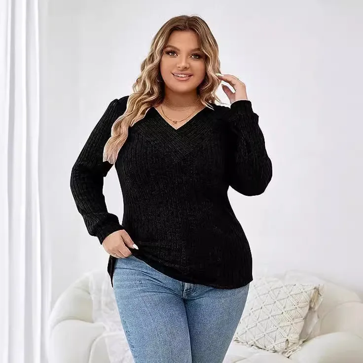 New Women's Plus Size V-neck Knitted Sweater Loose Casual Long Sleeved Sweater