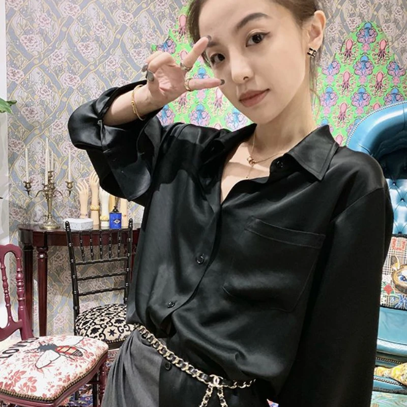 Luxury Brand Blouses Women Silk Shirts White Blouse Long Sleeve Black Shirt Office Ladies Tops Button Korean Chic High-end New