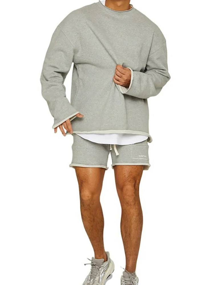 Men's Muscle New Style Casual Sports Set with Cuffed round Neck Sweatshirt Loose Large Size Comfortable Breathable Moisture W...