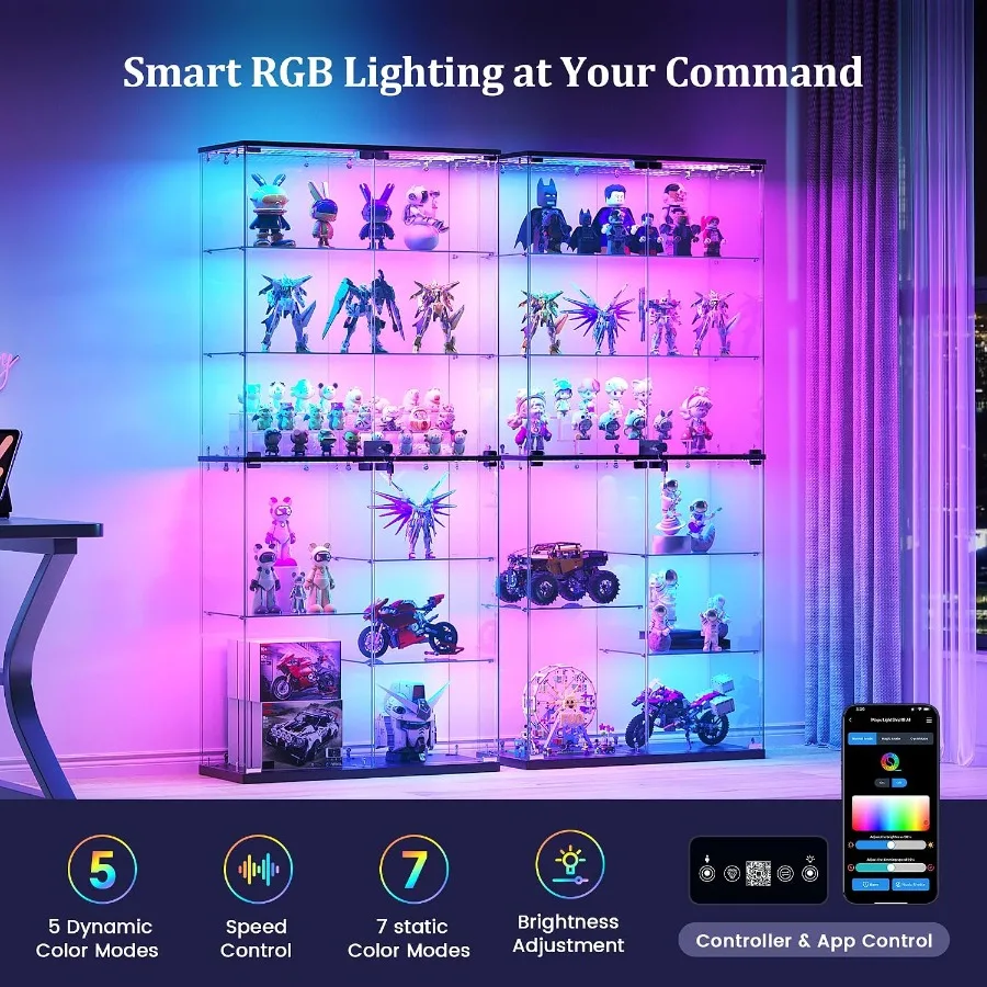 Full Glass Display Cabinet for Collectibles: Tempered Glass, Black, RGB Lights with Adjustable Brightness view 3