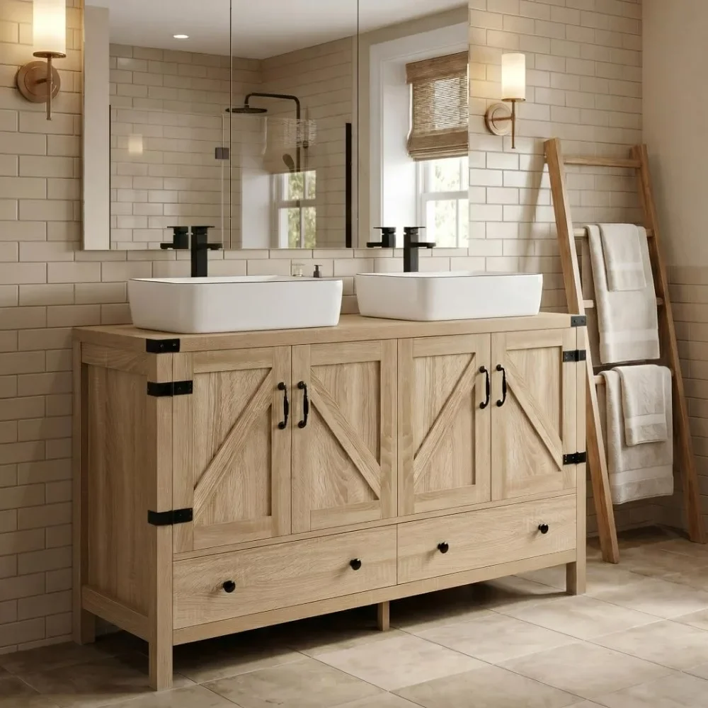 48 inch Natural Color Bathroom Vanity, Rustic Fixture Standing Pedestal Cabinet with Two White Ceramic Vessel Sinks