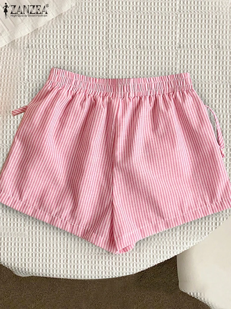 

ZANZEA Casual Striped Shorts Lace-Up Bow Bottoms 2025 Women Bohemian Loose Elastic Waist Buttons Summer Short Pants Female