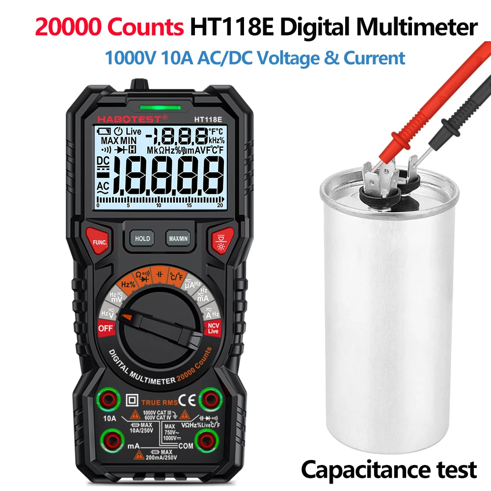 20000 Counts HT118E Digital Multimeter with Double Color Backlight 1000V 10A AC/DC Voltage Current Capacitance Temperature Test