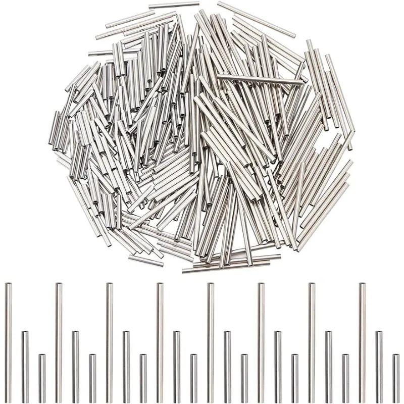 300pcs 3 Sizes Long Tube Beads Metal Loose Beads Stainless Steel Bugle Beads 10/15/25mm Spacers Bar Column Bead Noodle