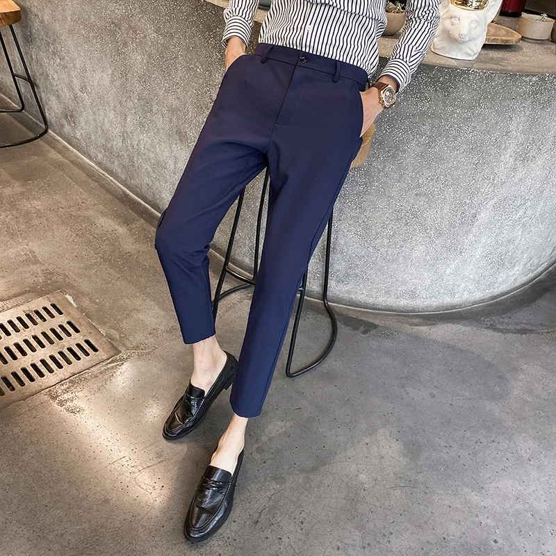 

Men's Business Dress Pants Solid Color Temperament Trousers British Casual Slim Suit Pants High Waist Wedding Streetwear A139