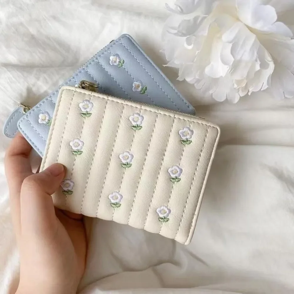 Folding Short Wallets Women Floral Embroidery PU Leather Texture Wallet Money Coin Bags Fashion All-match Designs Card Holders