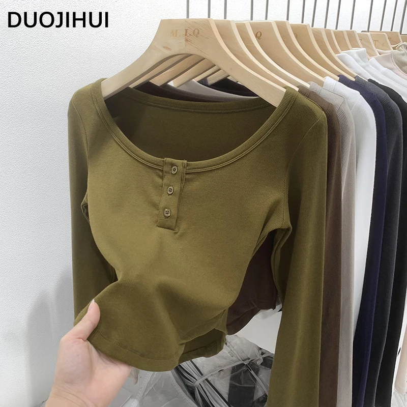 DUOJIHUI Navy Blue Autumn Sexy Chicly Button Women T-shirts Basic O-neck Simple Casual Fashion Solid Color Slim Female T-shirts