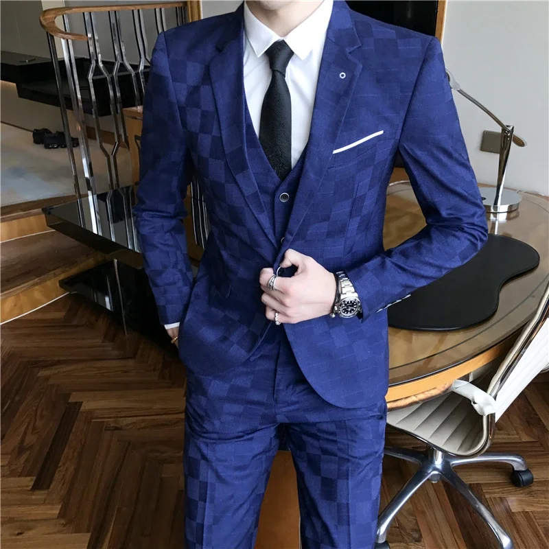 Jacket Pants Vest Men 3 Pieces Slim Casual Suit Trousers Set Male Wedding Groom Dress Business Blazers Coat Trousers Waistcoat