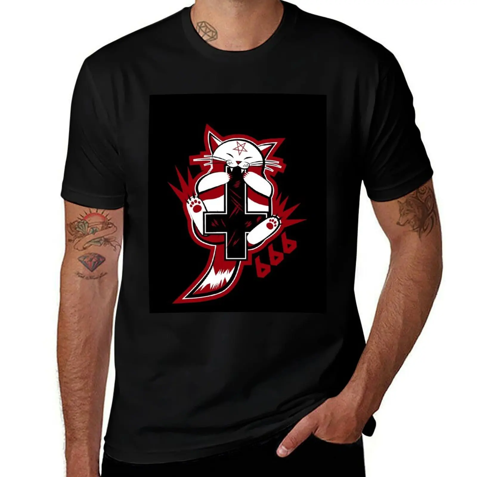 

Satanic Cat Bites in Cross - Hail CATAN 666 T-Shirt tops animal prinfor boys plus size tops plain t shirts men
