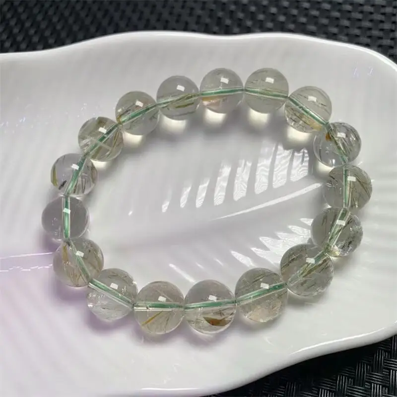 

12.5MM Natural Green Rutilated Quartz Tourmaline Bracelet Handmade Crystal Jewelry Stretch Children Birthday Holiday Gift 1pcs
