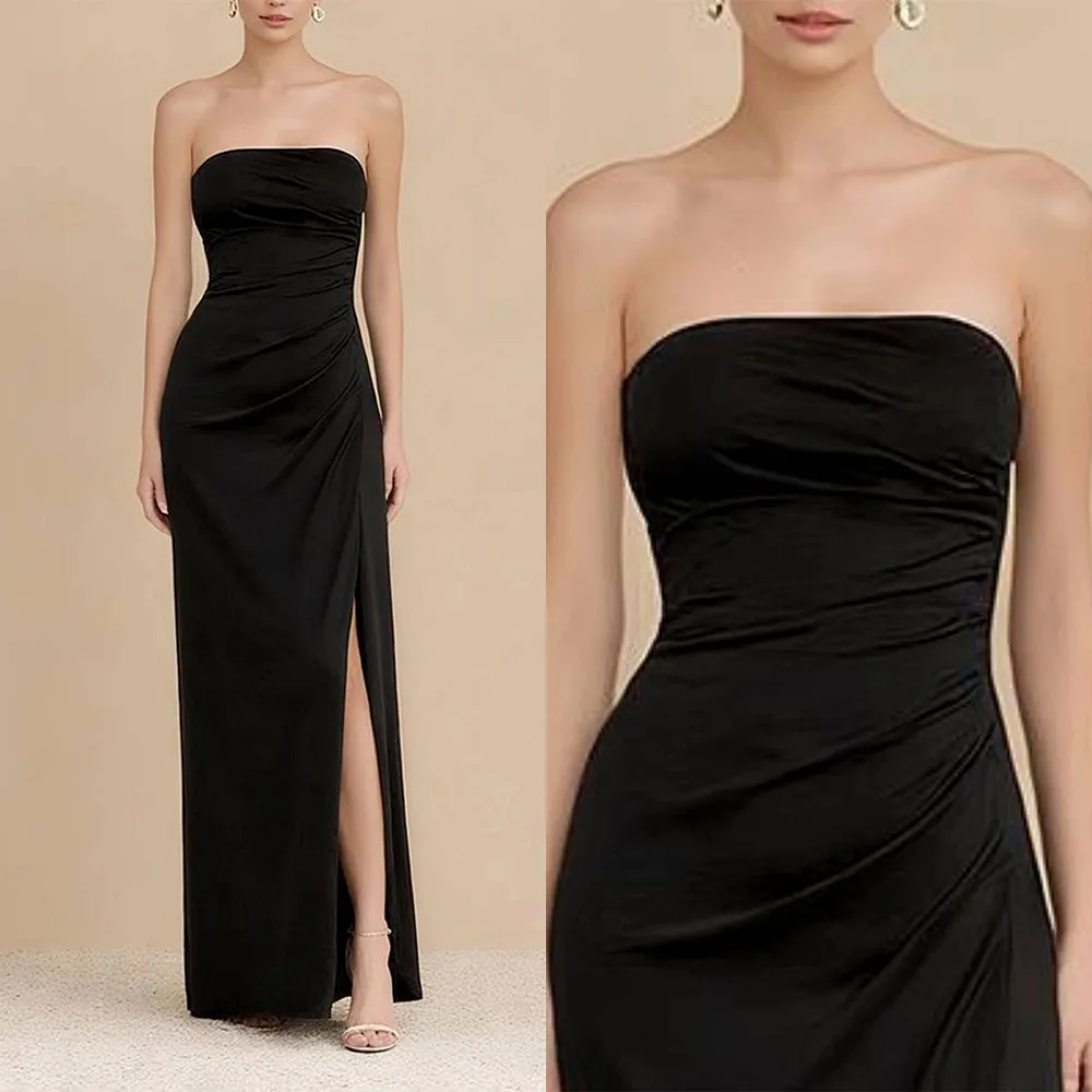 

High Quality Customized Strapless High Fork Sleeveless Black Floor Length A-line Dresses for Women Party Wedding Evening فستان
