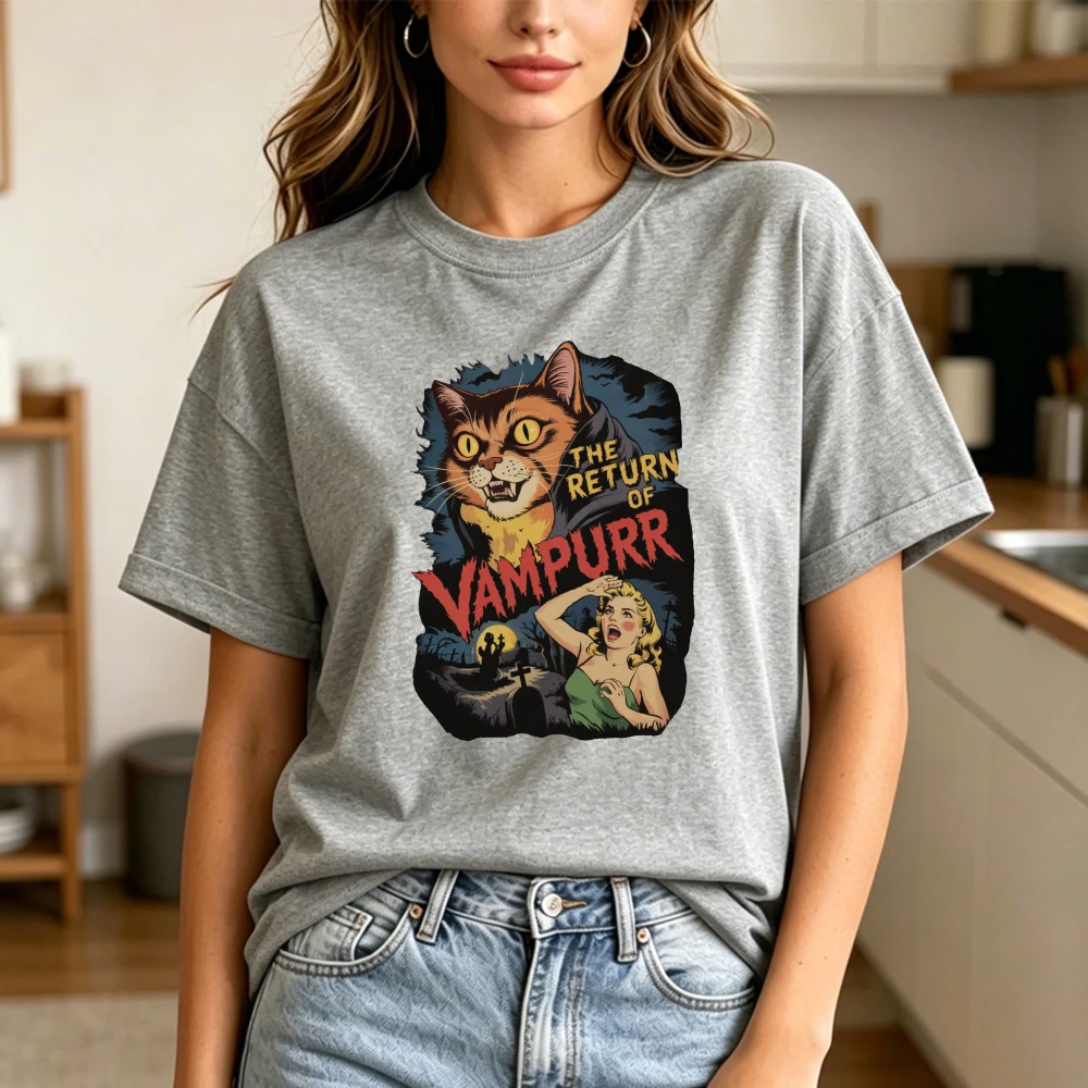 Retro Horror Movie Poster The Return of Vampurr Vampire Cat Graphic TShirt Women Vintage Gothic Spooky Print Casual Short Sleeve