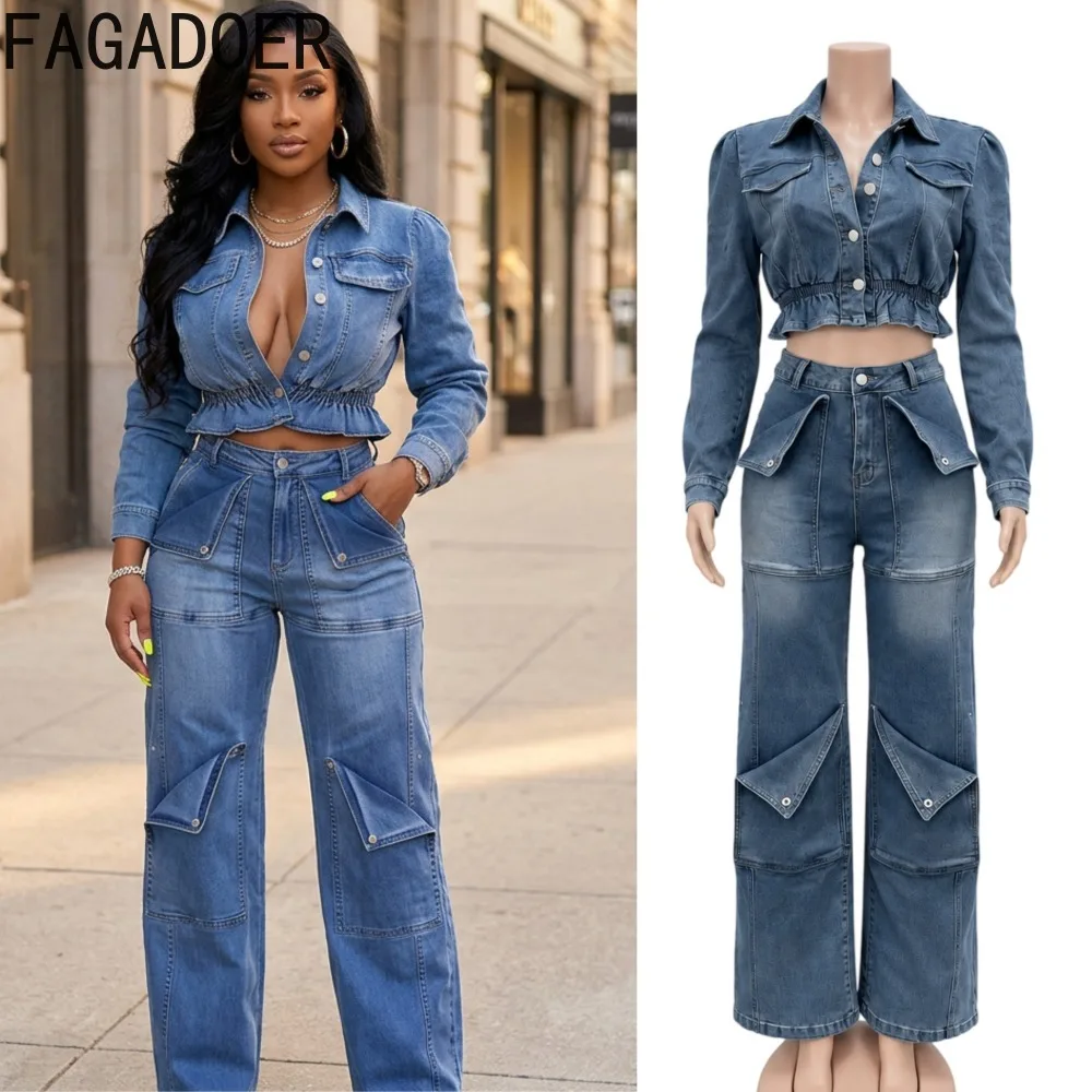 FAGADOER Women Denim Two Piece Set Crop Jacket Wide Leg Jeans Cargo Pants Washed Denim Streetwear Casual Y2K Outfit Autumn New