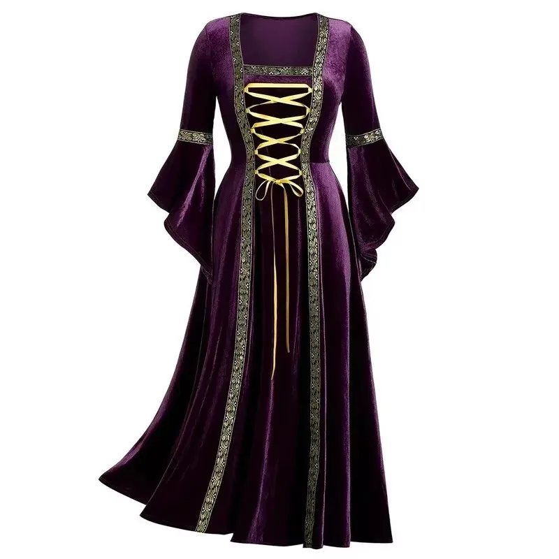 Renaissance Costume Velvet Long Dress Medieval Women Gown Drama Theater Outfit Lace Up Royal Princess Queen Robe For Adult