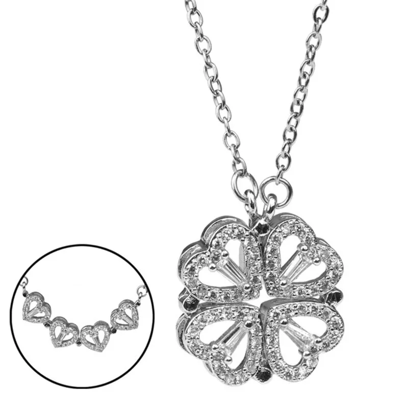 High Quality Sterling Silver S925 Clover Necklace Two Ways To Wear Magnetic Folding Heart Shaped Clover Pendant Necklace