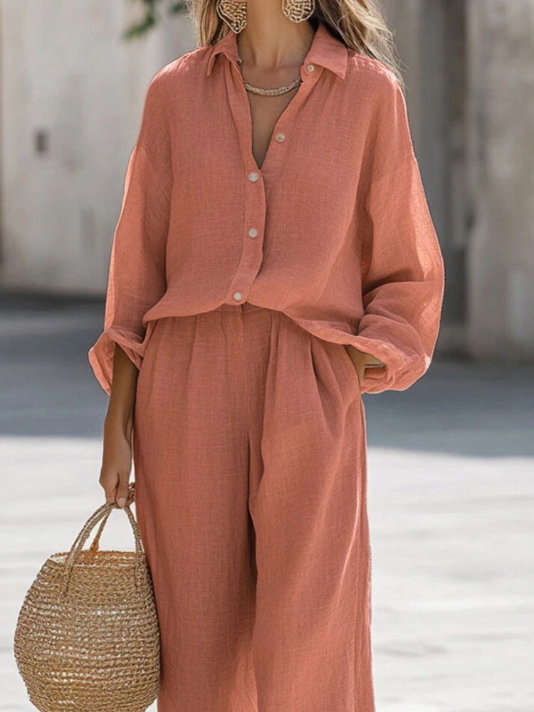 Conjuntos elegantes de lino y algodón para mujer, conjunto de ropa deportiva holgada de Color sólido, camisas informales de manga larga con solapa y pantalones de pierna ancha, novedad de otoño