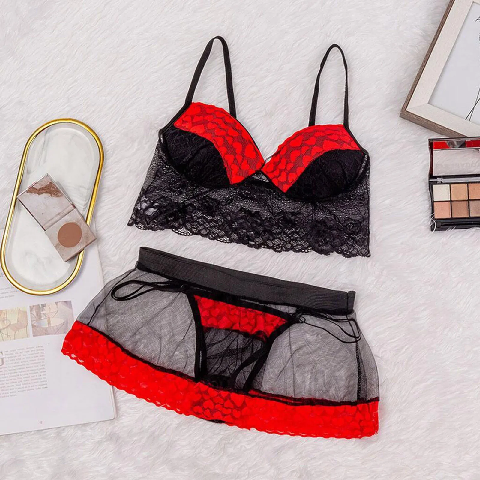 Sexy Doll Lingerie Set, Transparent Mesh Lingerie with a Three-Piece Love Embroidery, Bra, Skirt Panties, Female Lace Apparel. image 2