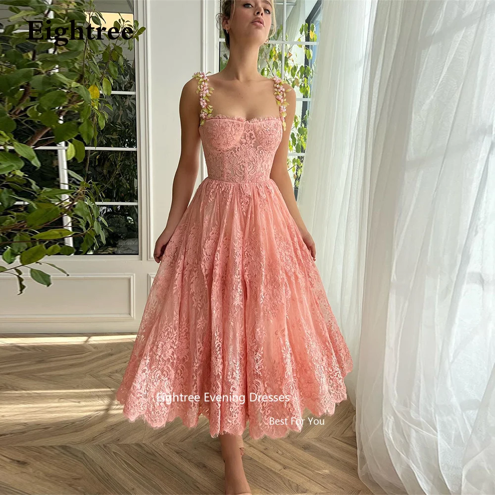 

Eightree Fairy Spaghetti Straps Prom Dresses Pink Lace Tea Length Lace Up Evening Dress Party Dress Women Elegant Luxury 2023