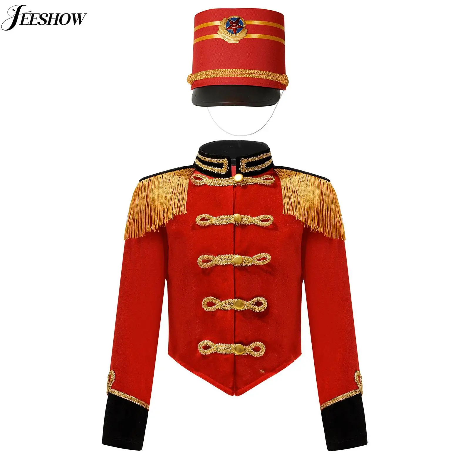 Boys Girls Marching Band Drummer Costume Drum Major Team Uniform Tassel Shoulder Long Sleeve Jacket with Hats Circus Fancy Dress