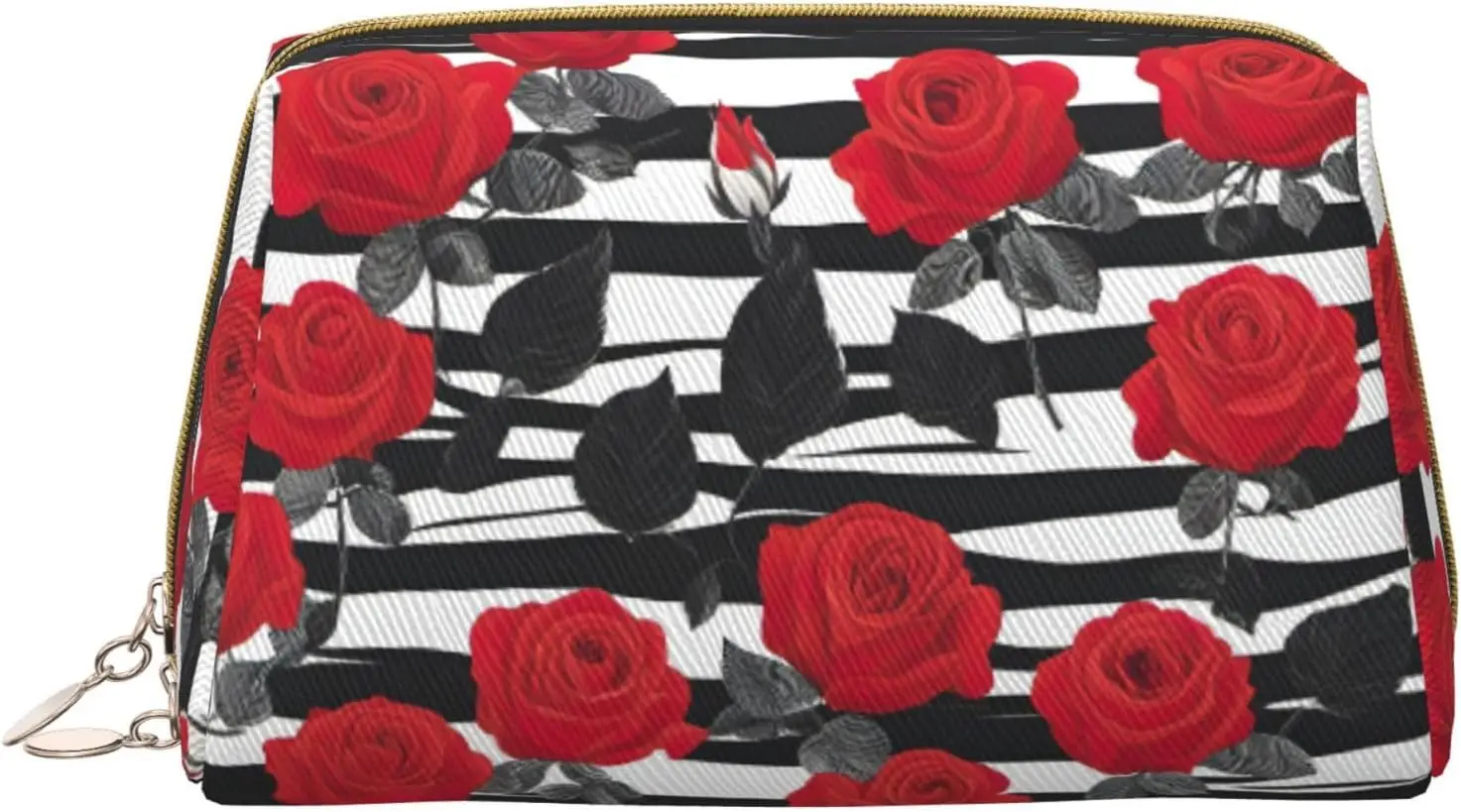 

Black White Stripes Red Rose Flowers Print Leather zipper makeup bag Cosmetic Pouch Travel Organizer Toiletry Clutch