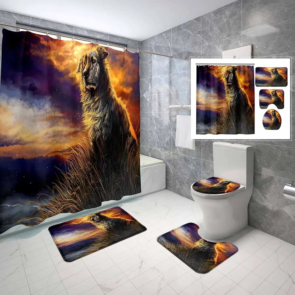 4 Pcs Oil Painting Dog Shower Curtain Sets Sunset Pet Lover Non-Slip Bath Mat Waterproof Shower Curtain Toilet Cover Sets