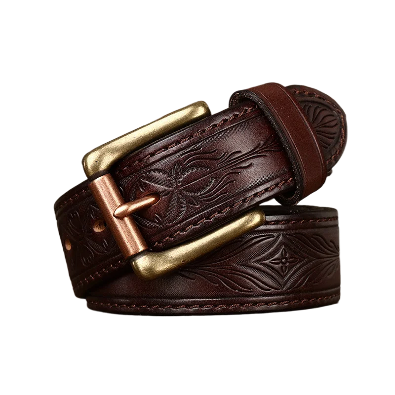 

Retro personality trend embossed thick first layer cowhide belt for men, genuine leather with copper buckle waist belt
