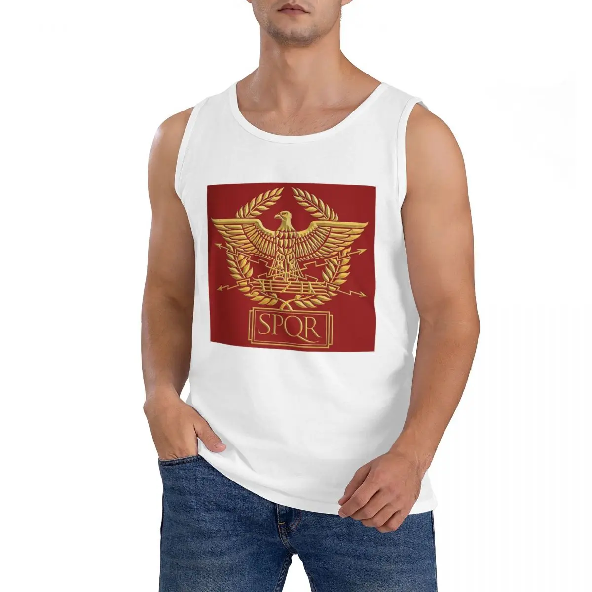 100% Cotton Gold Roman Aquila Eagle SPQR Sleeveless T-Shirt Men Workout Sports Clothing Tops Men's Crew Neck Vest
