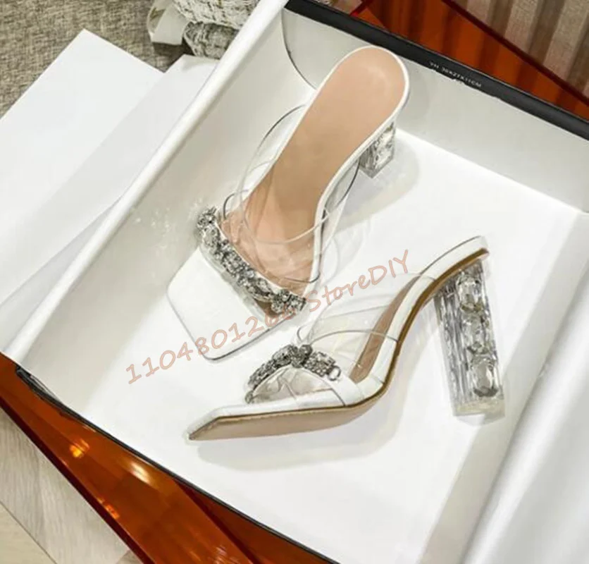 2 سنتيمتر منصة كريستال كعب مع الأحجار الكريمة لامعة شفافة بولي كلوريد الفينيل كعب الصنادل الصيف خط واحد عالية الكعب ساحة تو أحذية النساء