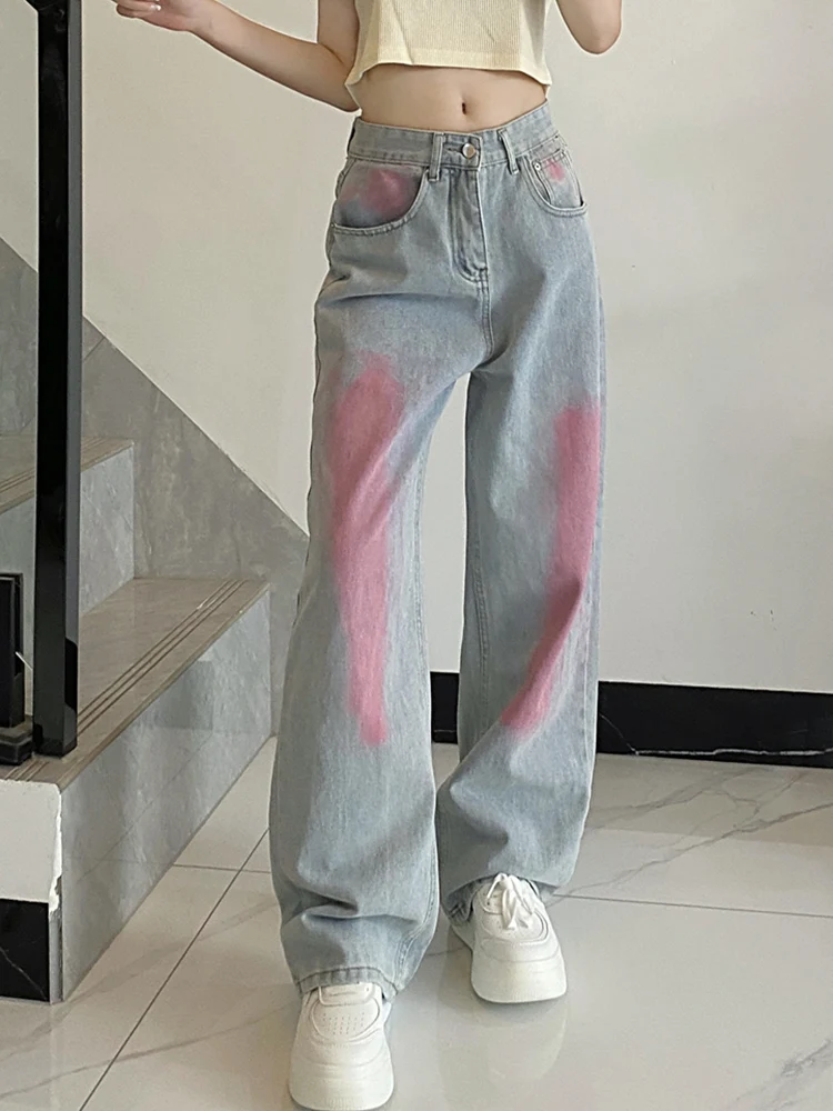 

Female Straight Leg Baggy Korean Version Graffiti Jeans Girls Loose Y2K Punk Streetwear Denim Pants Oversized Wide Leg Trousers