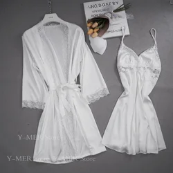 White Bride Wedding Robe Suit Lace Full Slip Kimono Lady Sexy Ice Silk Robe Set Suspender Nightgown Set Sling Lingerie Sleepwear