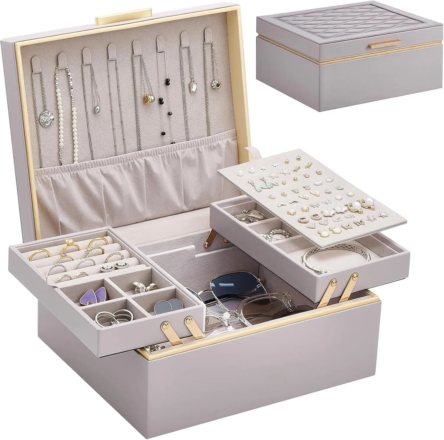 

Jewelry Box Organizer for Women Girls, 2 Layer Jewelry Organizers and Storage for Necklace Earrings Rings Bracelets, Lar