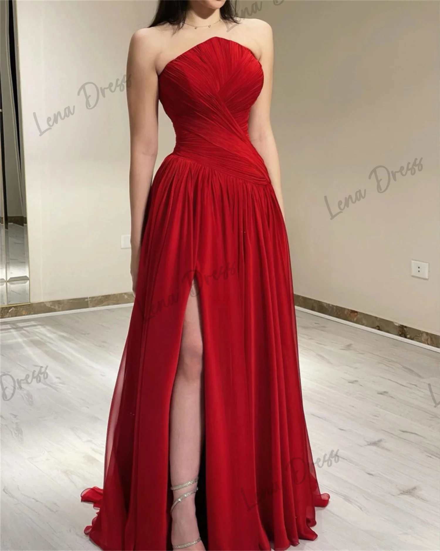 Lena - Red Elegant Dress Evening Dress Split Party Dress Suitable for Special Event Bridesmaids Chiffon Graduates Strapless Reun