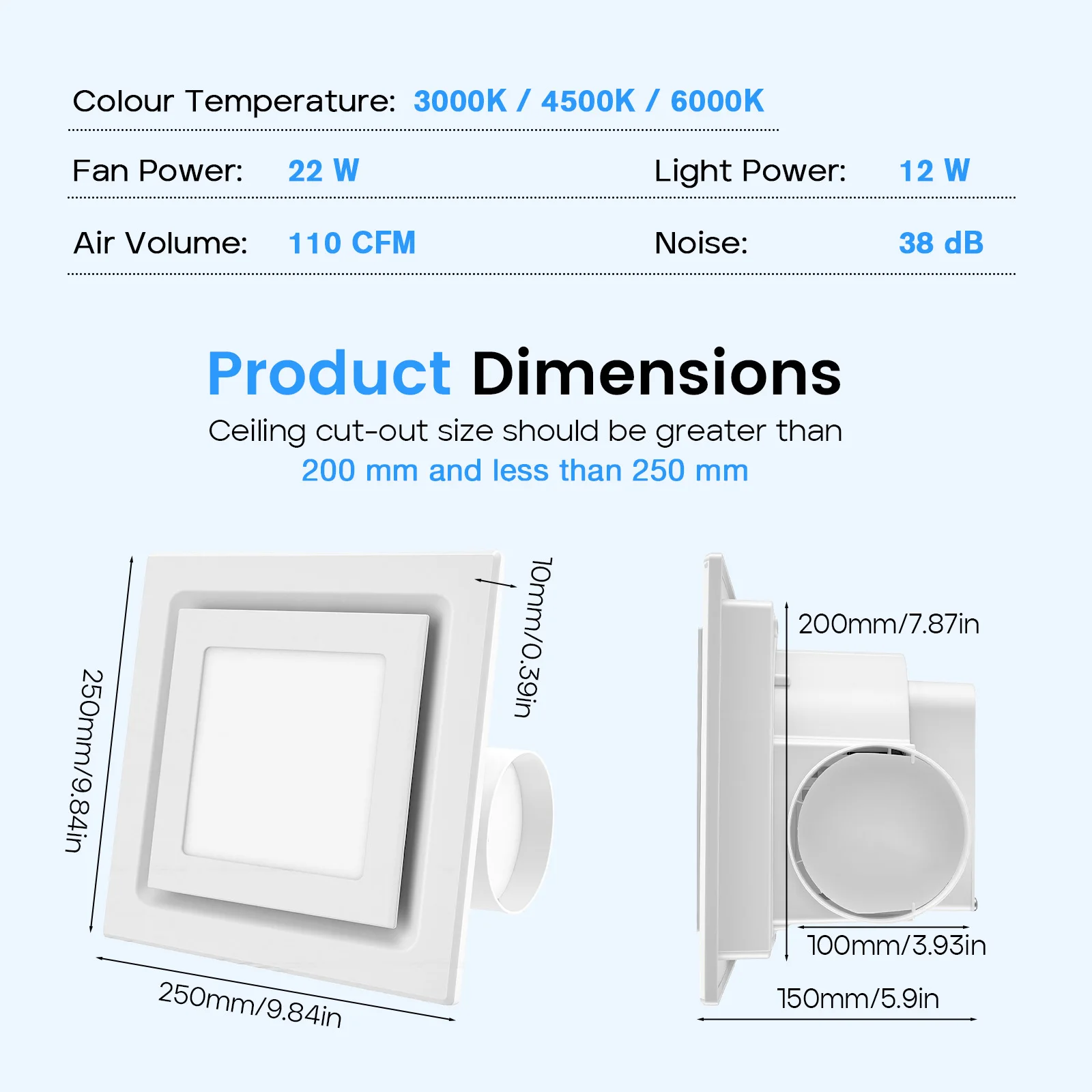 Kipas Exhaust Plafon 22W 25x25cm Dengan LED 3 Lampu Warna Dapat Diubah Sangat Senyap 38dB Cocok Untuk Kamar Mandi Dapur Mudah Dipasang