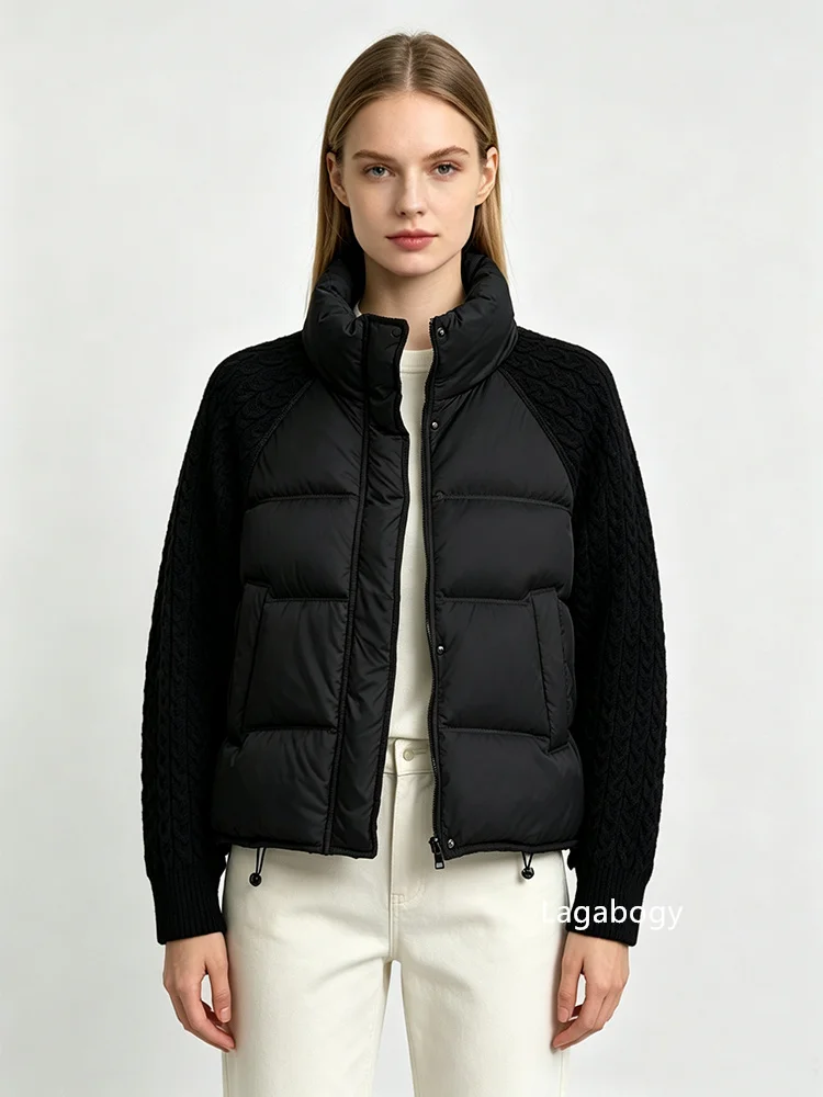 Lagabogy 2026 New Winter Turtleneck White Duck Down Jacket Women Patchwork Knitted Warm Drawstring Short Soft Puffer Coat Female