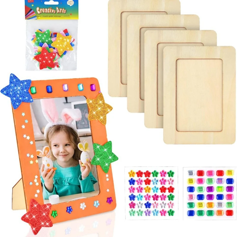 

4Pcs/Set Wooden Picture Frames for Craft Unfinished Wood Photo Frames with Stickers DIY Crafts Painting Arts Projects