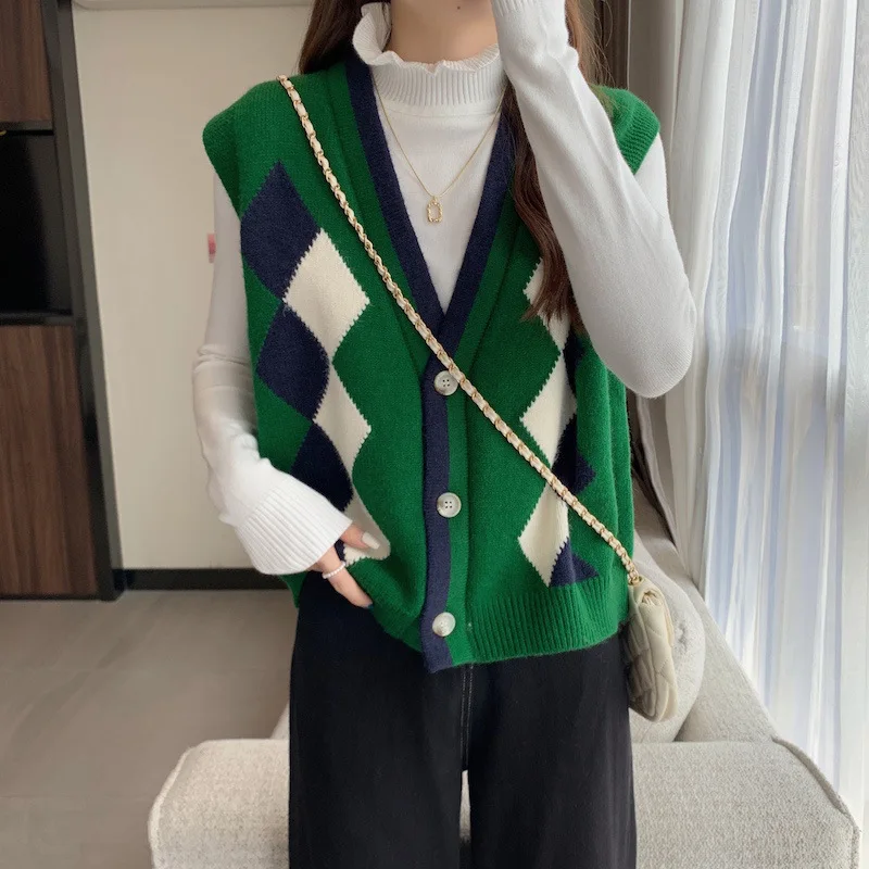 Spring Autumn New V-neck Pullover Knit Waistcoat Fashion Printing Lozenge Contrast Panel Casual Sleeveless Versatile Vest LX192