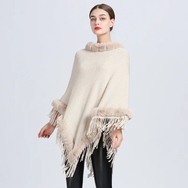 Poncho Tassel Shawl Faux Fur Collar Women's ARGYLE Pattern Cape Fringed Asymmetric Cover Up Diamond Shawl