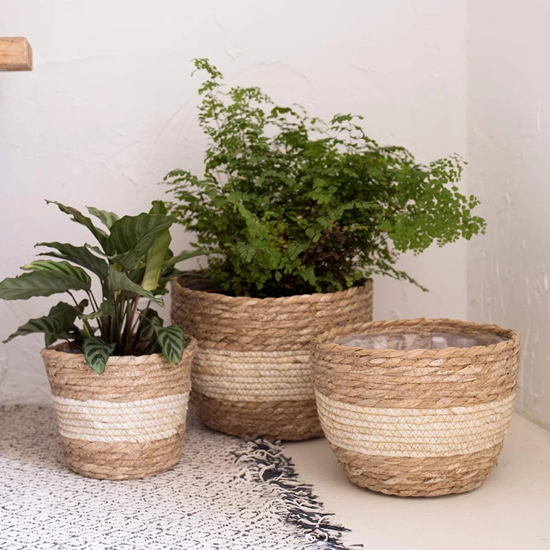 Seagrass Basket Planters Rattan Flower Basket Indoor Outdoor Plant Containers For Modern Home Balcony Garden Kitchen Decor