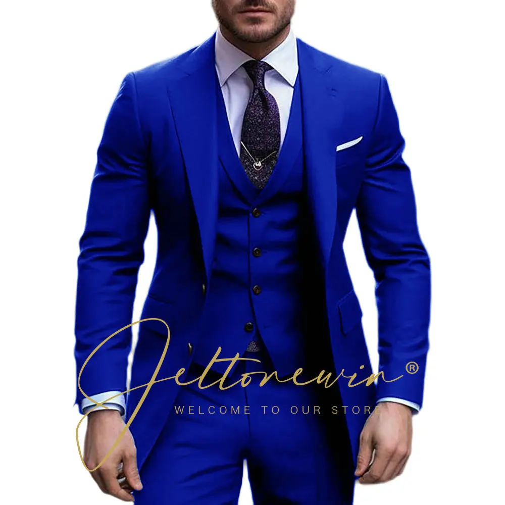 Navy Blue Casual Mens Suits Casual 3 Pieces Slim Fit Notched Lapel Formal Wedding Groom Wear Blazer Tuxedos (Blazer+Pants+Vest)