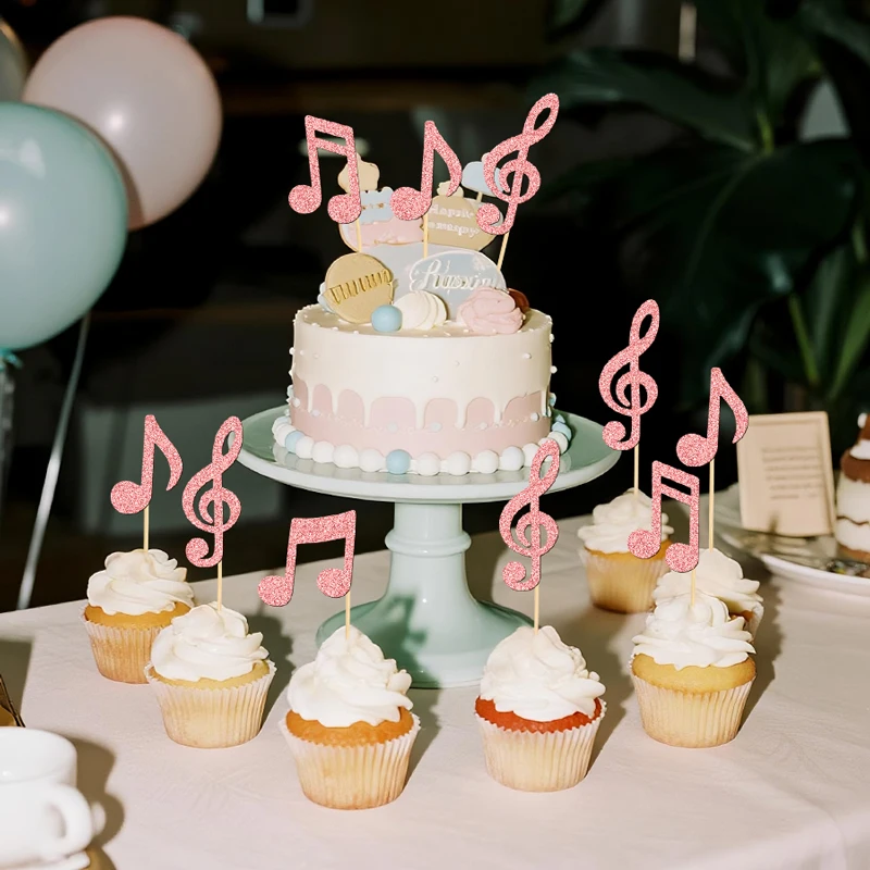 YOMDID 24 Stück glitzernde Musiknoten-Kuchenaufsätze, Bambus-Cupcake-Topper, Cupcake-Picks mit Musik-Thema für Rock-Konzerte, Partyzubehör – Detail 10