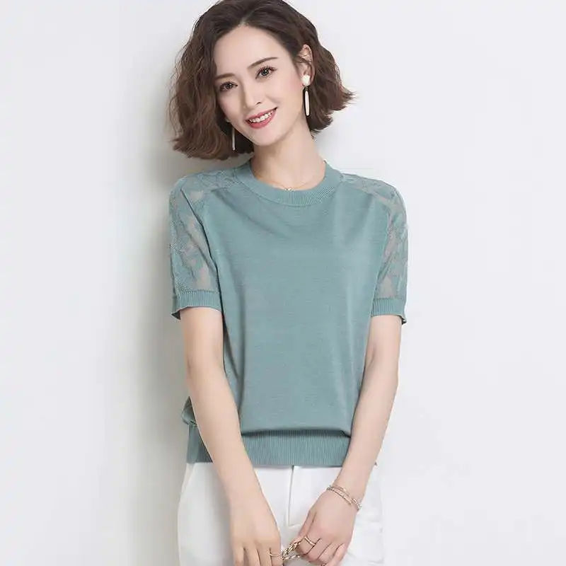 Women's Beautiful Ice Short-Sleeved T-Shirt V-Neck Lace Detail Super Short Length Pure Color Middle-Aged Mom Fashionable Spri...