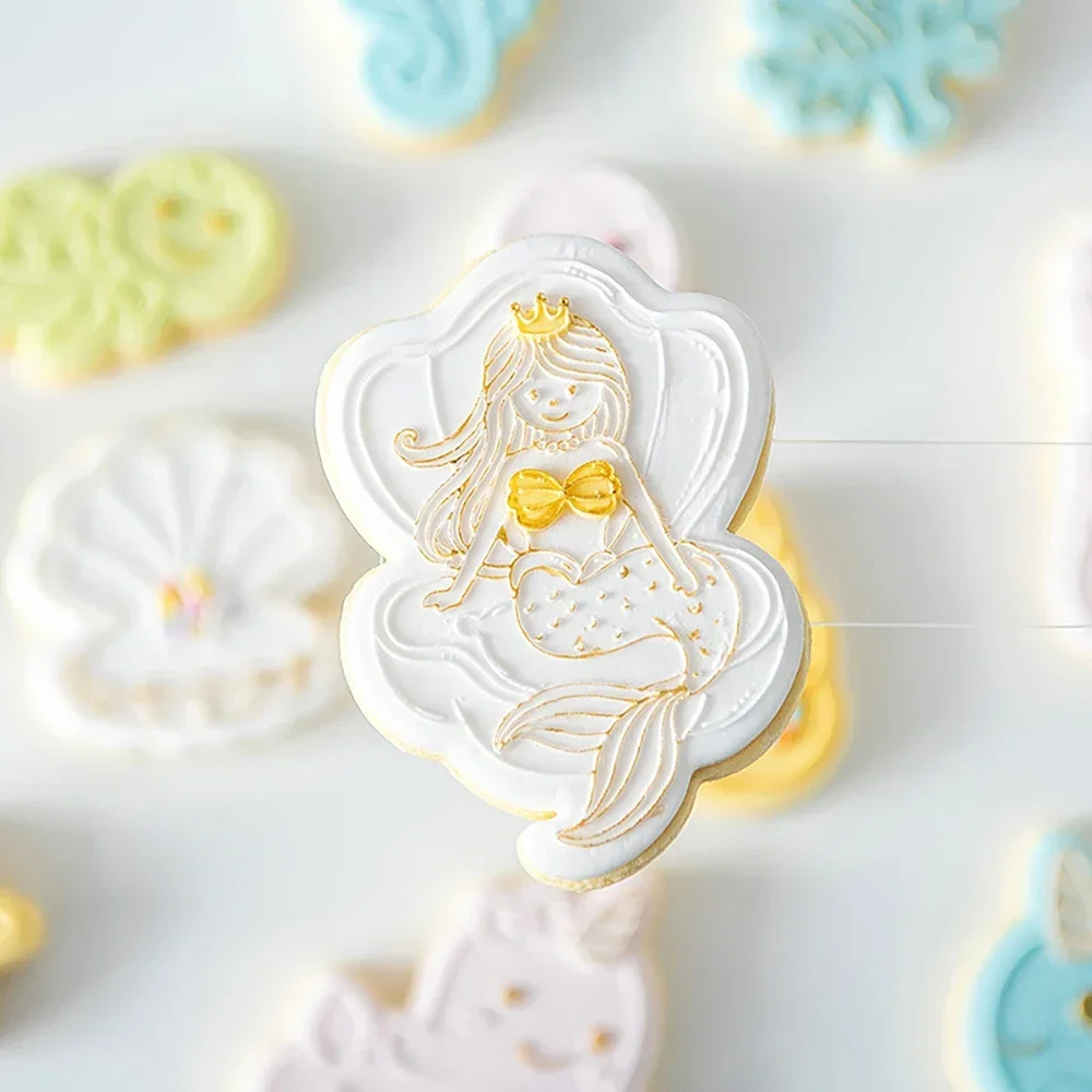 Cute Cartoon Sea Animal Mermaid Cookie Plunger Cutters Fondant Cake Mold Biscuit Sugarcraft Cake Decorating Tools Cookie Stamp