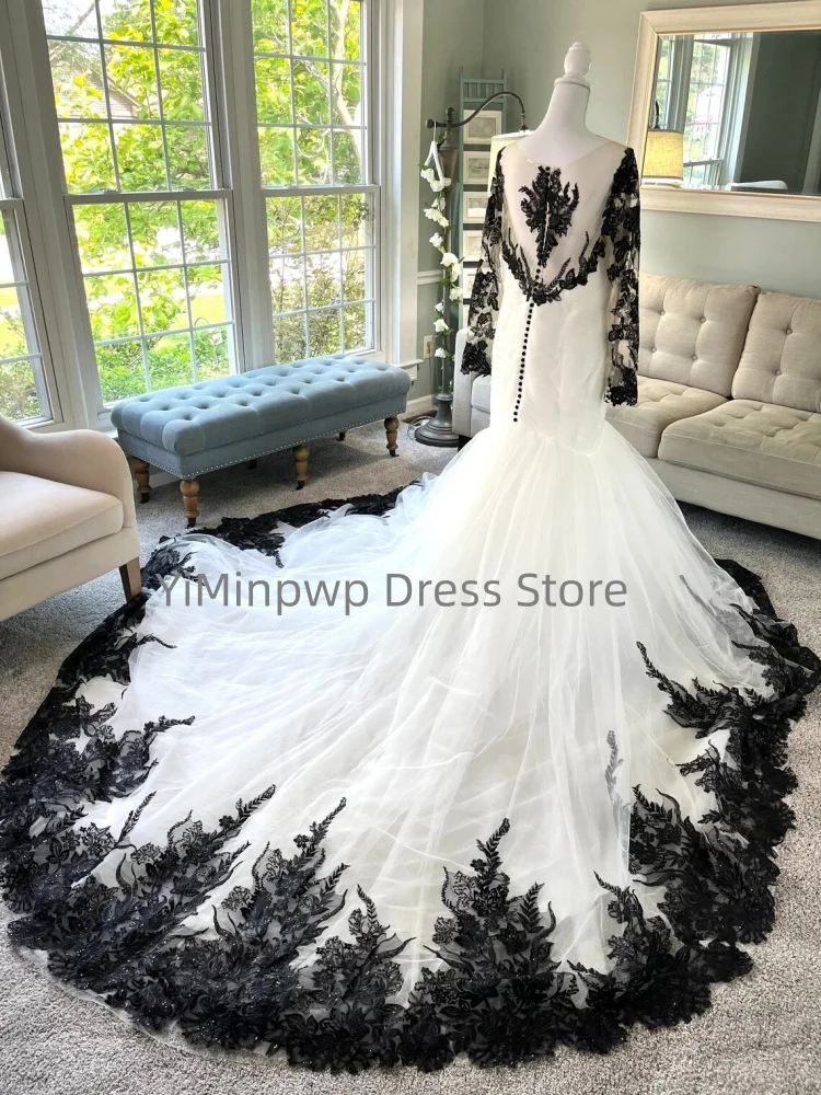 Gothic Wedding Dresses O-Neck Long Sleeve Mermaid Bride Dress Appliques Pleat Halloween Bridal Gown Customized robe de mariée