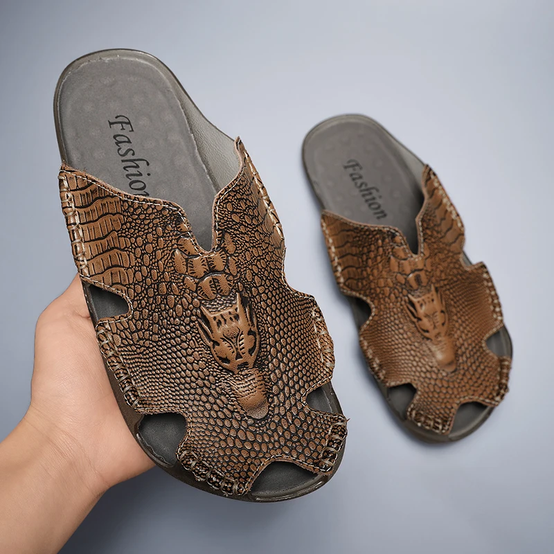 Genuine Leather Men's Slippers Crocodile Grain Style Men Flip Flops High Quality Sandals Non-slip Male Slippers Home Slippers