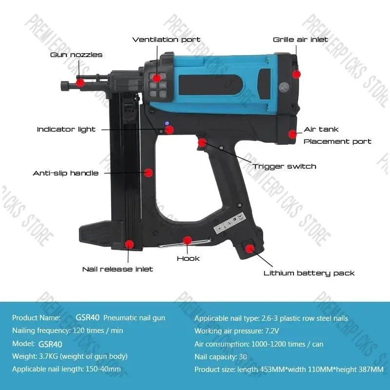 Pneumatic  7. 2V Lithium Battery Gas  Steel Air Stapler GSR40  Tools For Frame And Trunking 110-220V