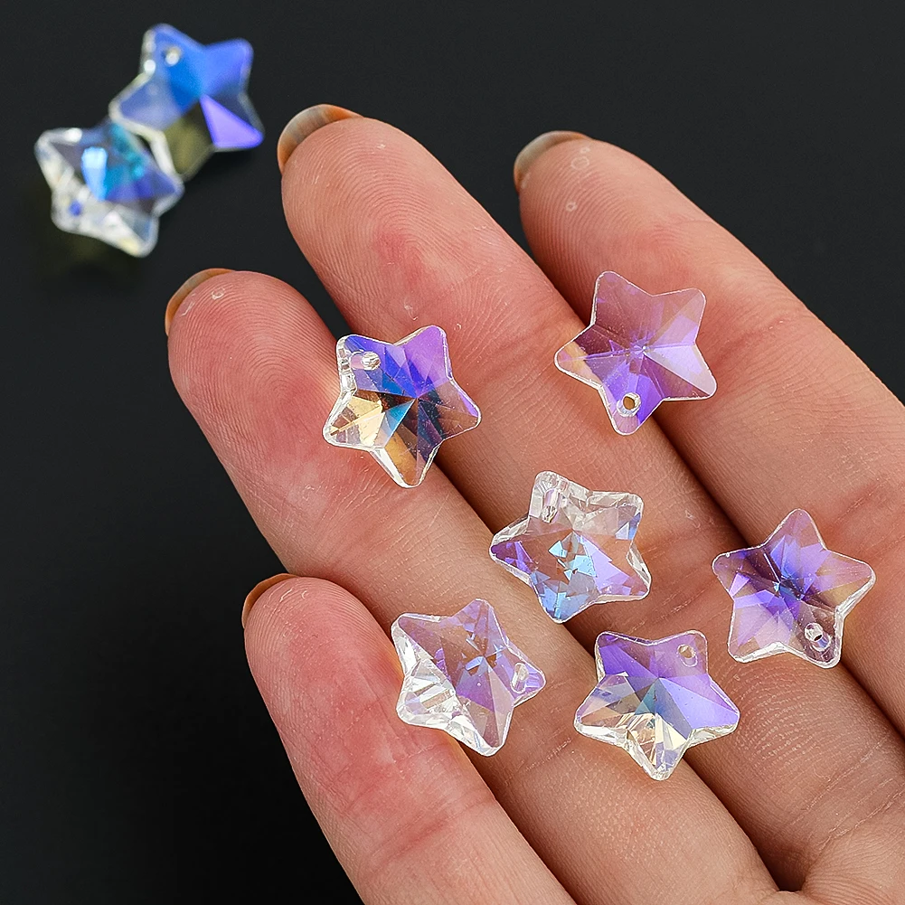 10pcs Crystal Pentagram Star Beads 14mm AB Color Single Hole Glass Bead Charm Sun Catcher Chandelier Light Curtain Accessories