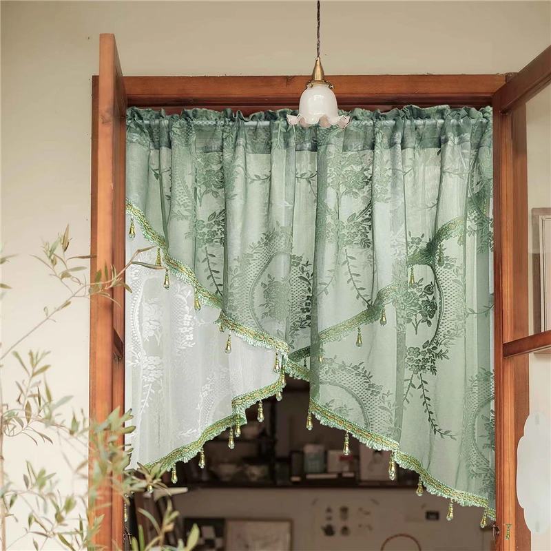 1 Piece European Elegant White and Green Cross Triangular Short Sheer Curtain with Bead Tassel Suitable For Living Room Bedroom